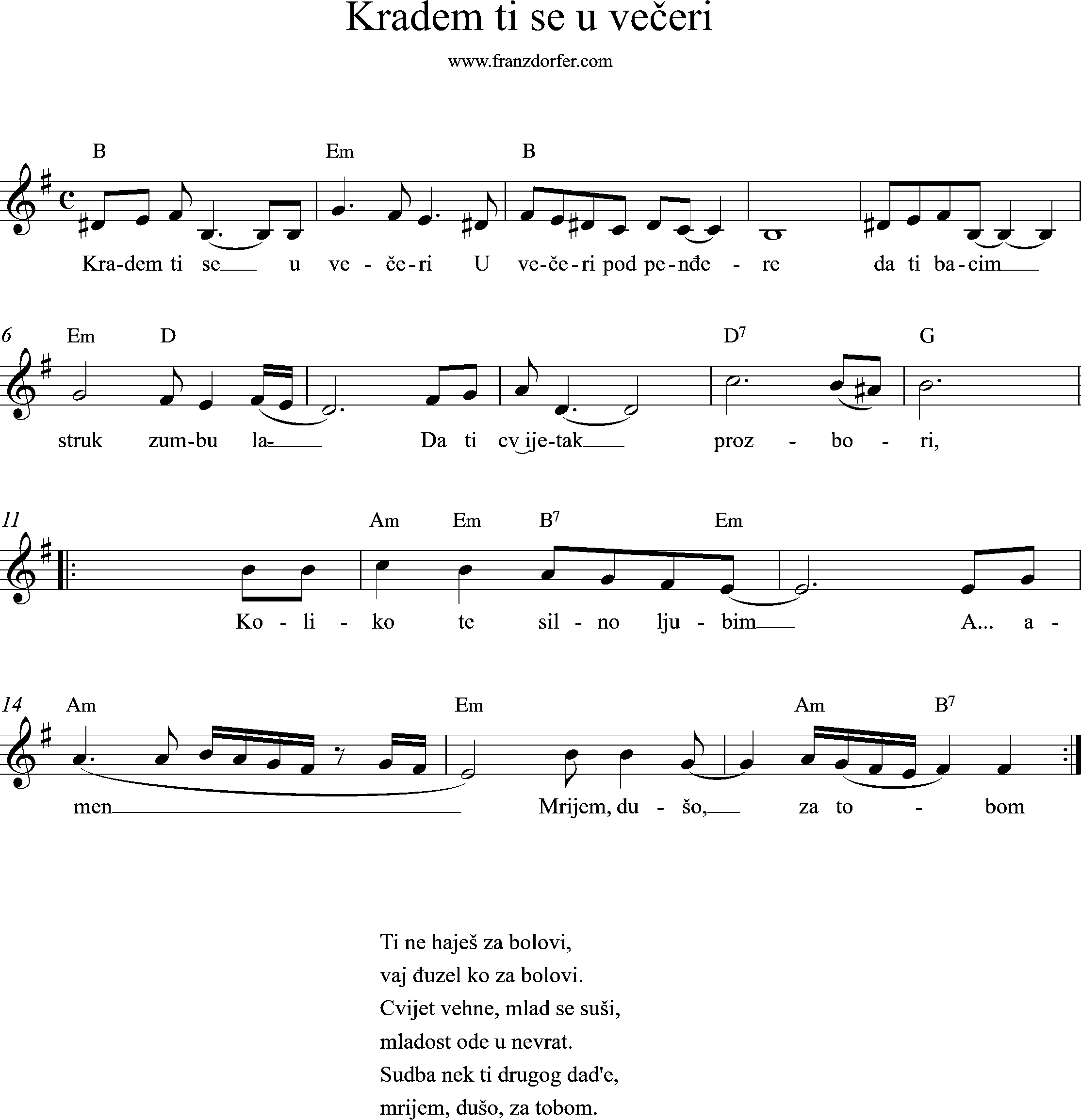 sheetmusic, e-minor, Kradem ti se u večeri